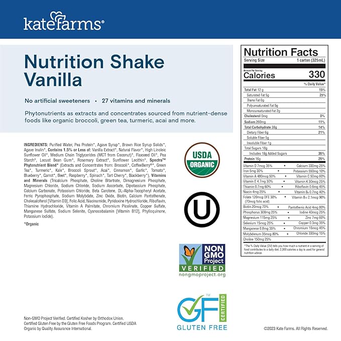 Kate Farms Organic Nutrition Shake, Vanilla, 16g Protein, 27 Vitamins and Minerals, Meal Replacement, 11 oz, 6 Pack-FlexoryFit