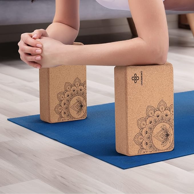Overmont Cork Yoga Blocks 2 pack with 8ft Strap Natural Cork Bricks- High Density & Eco Friendly Yoga Accessories for Women - Ideal for Yoga Pilates General Fitness and Stretching 9x6x3''-FlexoryFit
