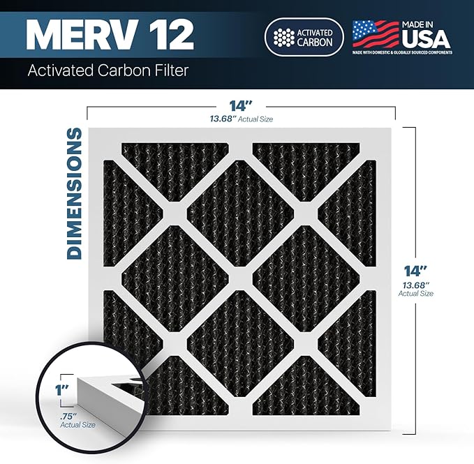 BNX TruFilter 14x14x1 MERV 12 Odor Defense (1-Pack) AC Furnace Air Filter with Activated Carbon - MADE IN USA - Pleated Air Conditioner HVAC AC Furnace Filters - Removes Odor, Mold, Bacteria, Smoke