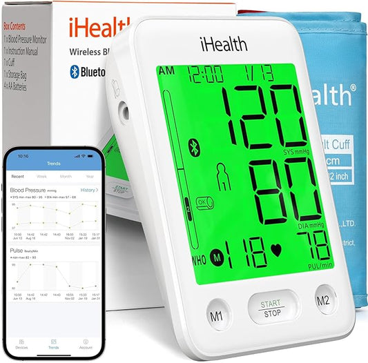 iHealth Accu Luminate Arm Blood Pressure Monitor – 4.5" Large Tri-Color WHO-Based LCD, Clinically Validated Accuracy, Irregular Heartbeat Alert, Bluetooth Cloud Sync, Adjustable Large 8.6"–17" Cuff-FlexoryFit
