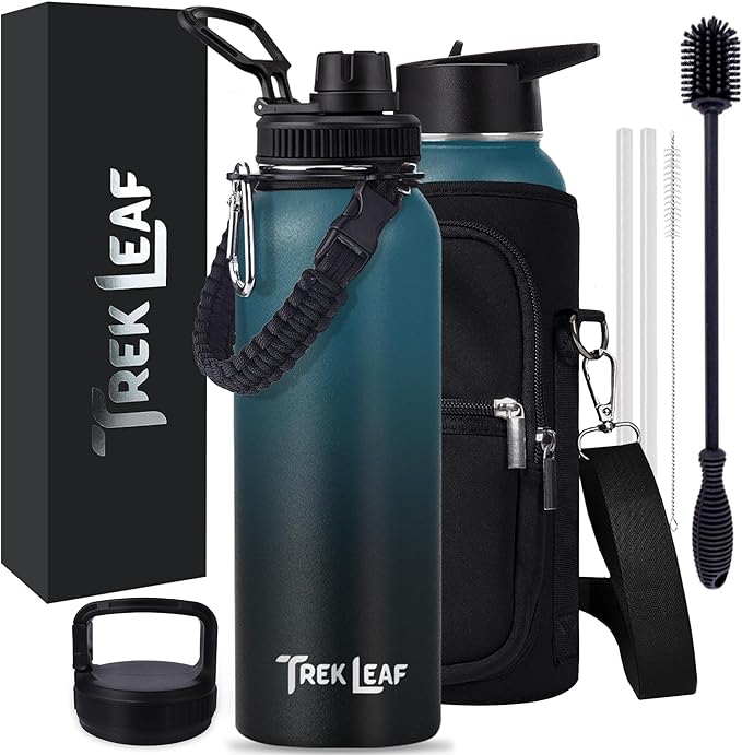 Travel Water Bottle with Carrying Bag, 3 Lids (Spout, Straw, Handle), and Bottle Brush; Leak Proof, Quality, Vacuum Insulated, Stainless Steel (Cascade Shadow, 40 oz)