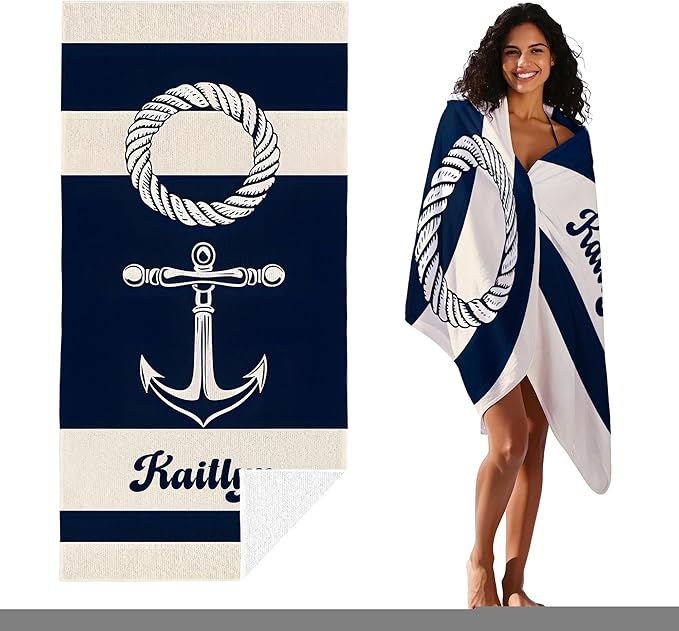 JML Personalized Beach Towel with Name, Custom Anchor Beach Towel, Customized Microfiber Pool Towel, Quick Dry & Absorbent Swim Towel for Adult,Mother's Day, Birthday, Summer Holiday,Vacation-FlexoryFit