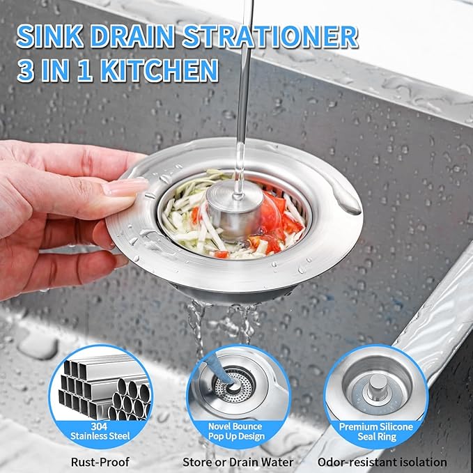 Upgraded 3-in-1 Kitchen Sink Drain Strainer Stopper 2025|Rust-Proof Strainer Basket |Universal Fit for Standard 3.5" Drains |Anti-Clog&Odor Filter |Efficient Drainage (Stainless Steel, 1 PC)
