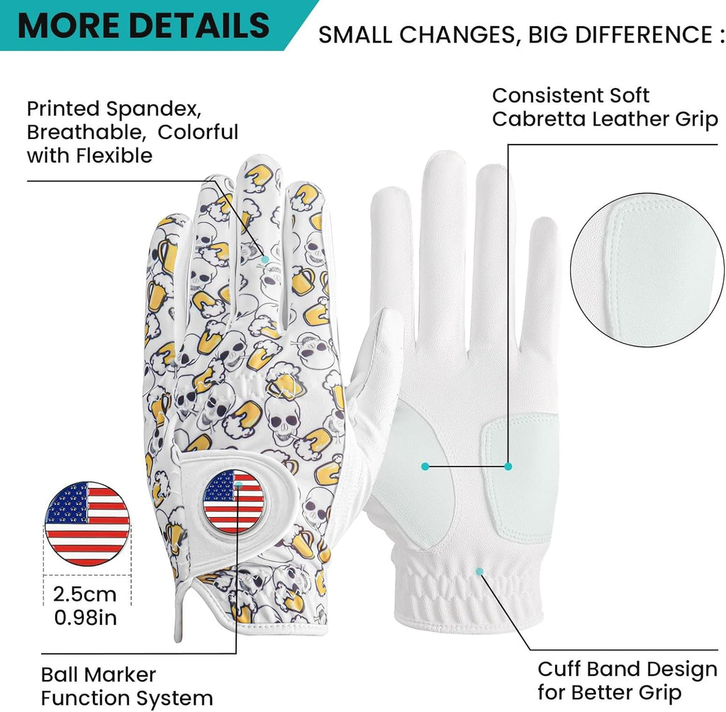 FINGER TEN Golf Gloves Men Left Hand Right with Ball Marker USA Flag Blue Camo Plaid Pack, Mens Leather Golf Glove All Weather Grip Small Medium ML Large XL