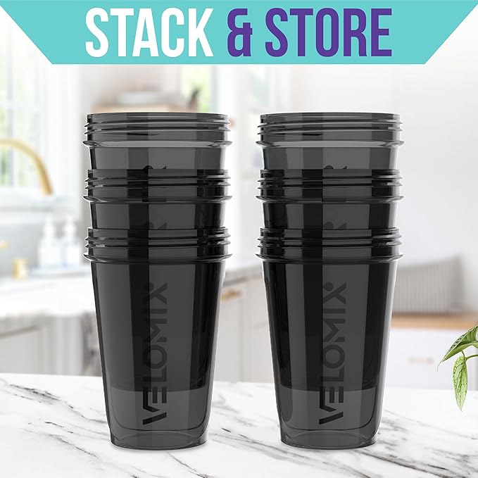 '-6 PACK- Shaker Cups for Protein Shakes 20 oz - 6x Wire Whisk | Leak Proof Protein Shaker Bottle for Protein Shakes, Shaker Bottle Pack for Pre & Post Workout, Shaker Cup (ALL IN BLACK)-FlexoryFit
