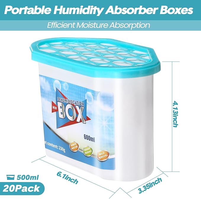 LemonRoad 20 Pack Moisture Absorbers 20 oz 600 ml Humidity Absorber Boxes Portable Compact Dehumidifier for Closet Bathroom Car Boats Kitchen Basement Odor Remover, 4.1 x 6.1 x 3.3 Inch