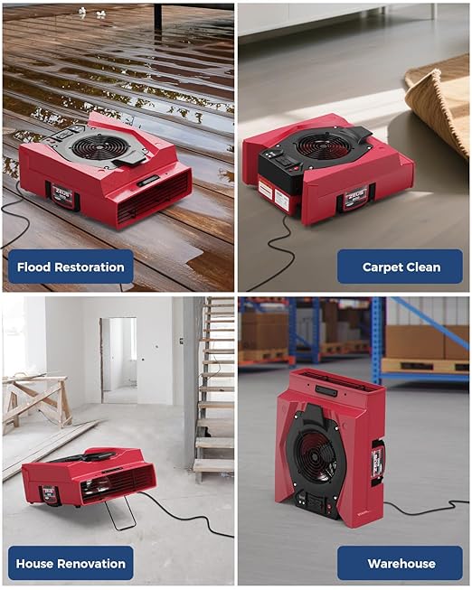 ALORAIR Zeus 900 Air Mover Commercial Blower for Carpets, Walls, Plumbing Use, Variable Speed Floor Blower Fan, 950 CFM with 1.8 Amps, Circuit Breaker Protection,on-Board Duplex GFCI, Red