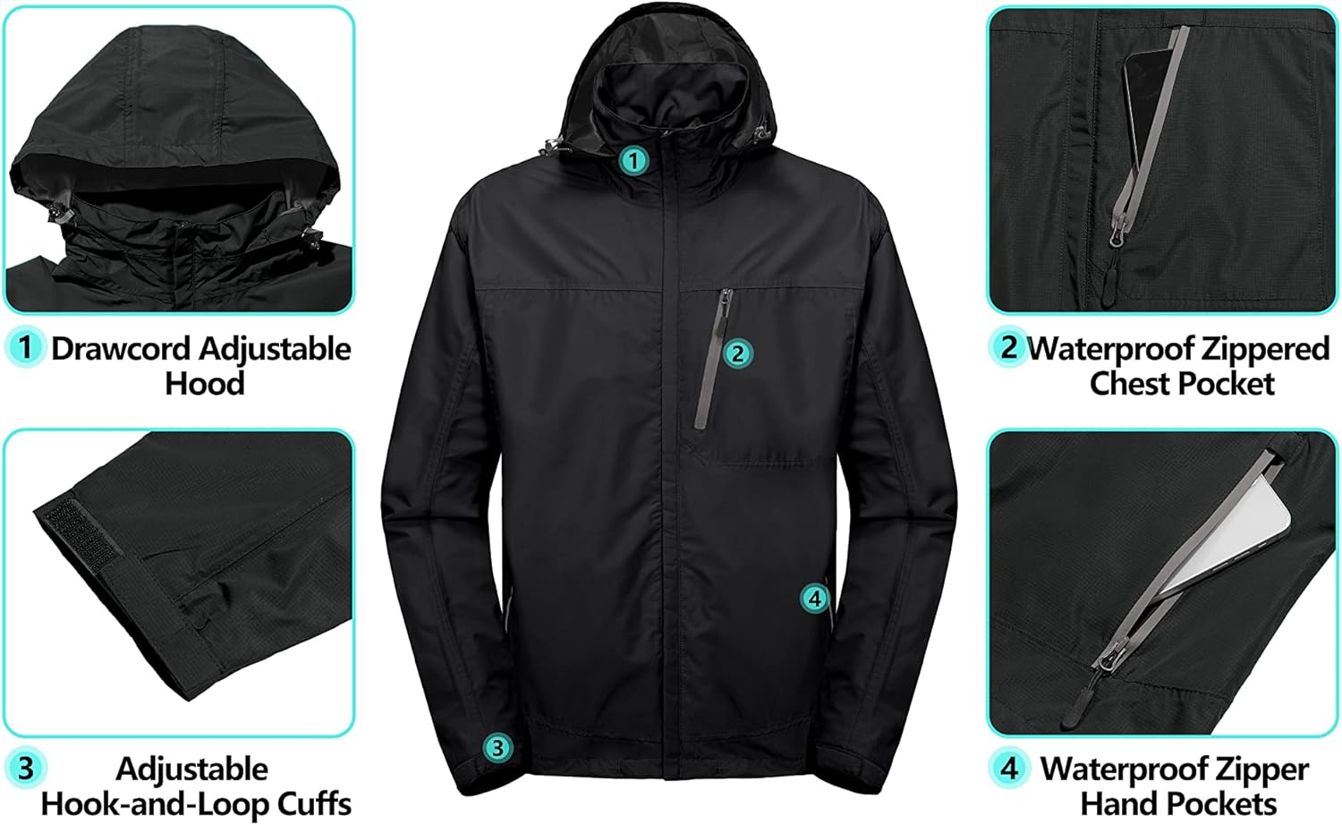 Little Donkey Andy Men's Waterproof Rain Jacket Outdoor Lightweight Hooded Raincoat for Hiking Golf Travel Fishing