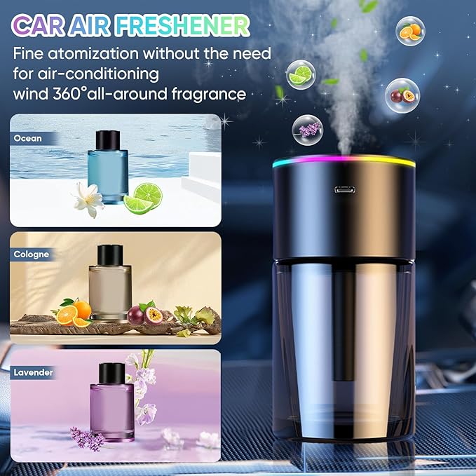 Smart Car Air Freshener Diffuser 180ML Large Capacity, 270-Day Essential Oil Rechargeable Auto On/Off with 7-Color Light & Star Projection for Home Office, Cologne Scent