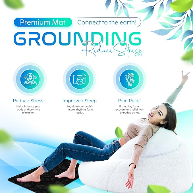 Grounding Mat for Feet, Chair & Yoga | Earthing Grounding Mat for Pain Anxiety Pain Relief, Inflammation | Spacious Grounding Pads for Sleep & Wellness | Includes Grounding Tester, Cable & Mat Tester-FlexoryFit