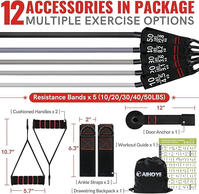 Aihoye Resistance Bands for Working Out, Exercise Bands with Handles, Stretch Bands for Exercise, Workout Bands with Door Anchors for Physical Therapy & Strength Training-FlexoryFit