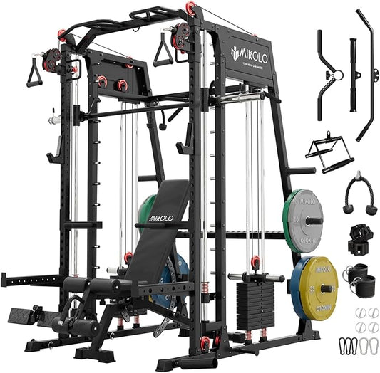 Mikolo Smith Machine, 2200lbs Squat Rack with LAT-Pull Down System & Cable Crossover Machine, Training Equipment with Leg Hold-Down Attachment-FlexoryFit