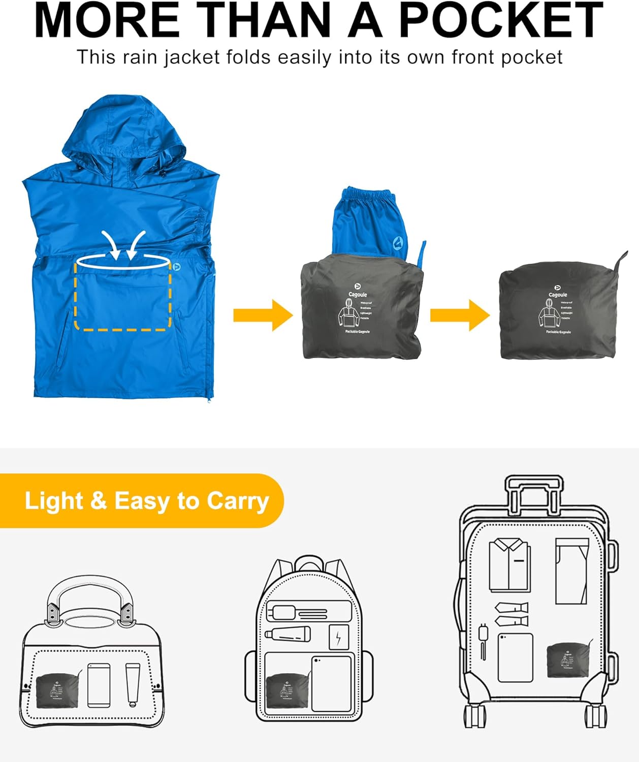 Outdoor Ventures Men's Rain Jacket Waterproof Lightweight Packable Rain Pullover for Hiking Golf Running