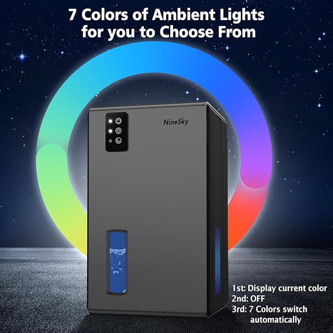 NineSky Dehumidifier for Home, 95 OZ Water Tank, (1000 sq.ft) Dehumidifiers for Bathroom Bedroom Basement with Auto Shut Off,7 Colors LED Light (Gray)