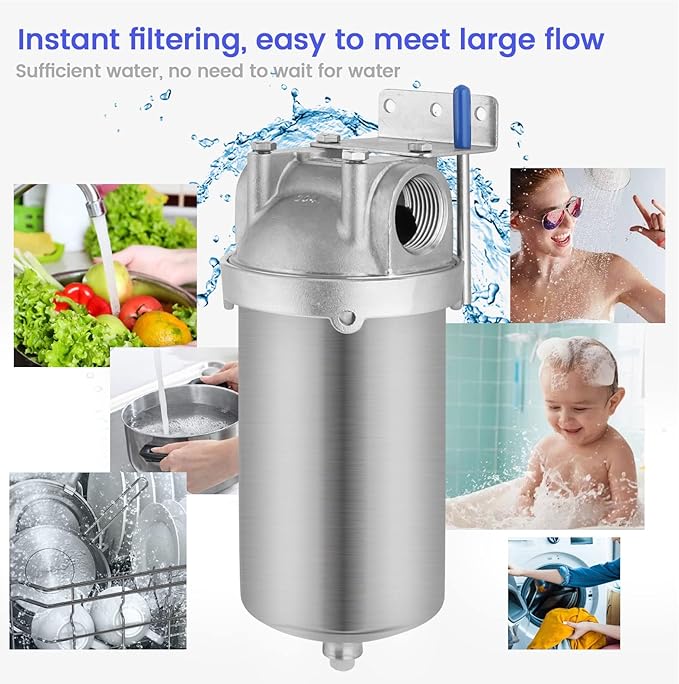 Amwater NSF/ANSI 42 Stainless Steel Whole House Water Filter Housing, 5" x 2.5" Sediment Water Filter System for Heavy Duty, Well & City Water, 1" NPT Port, Drain Valve Style C
