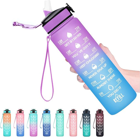 Hyeta 32 oz Water Bottles with Times to Drink and Straw, Motivational Water Bottle with Time Marker, Leakproof, Drinking Sports Water Bottle for Fitness, Gym and Outdoor-FlexoryFit