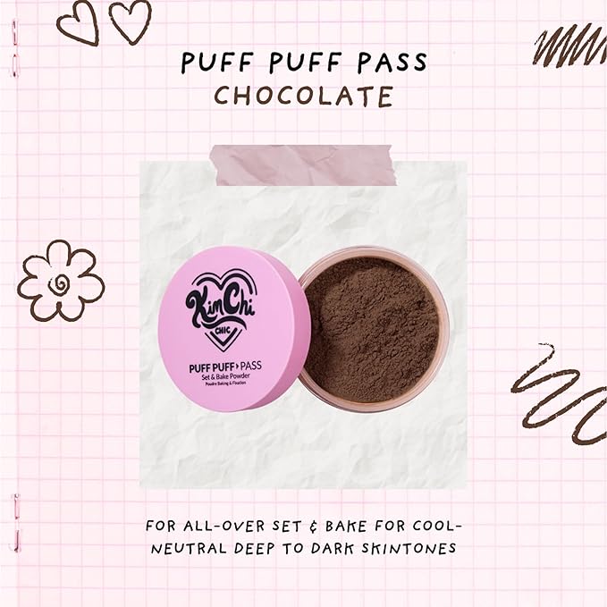 Kimchi Chic Beauty Puff Puff Pass Set and Bake Setting Powder for Makeup, Extra Fluffy Loose Face Powder Poof, Soft Natural Face Makeup for Uneven Skin Tone, 08 Chocolate-FlexoryFit
