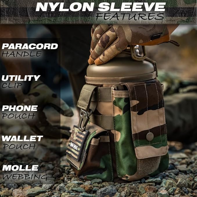 Iron Infidel Battle Bottle - Half Gallon Water Bottle Insulated, 64 oz Stainless Steel Water Jug with Handle- Gym Water Bottle for Men with Rugged Sleeve for Storage (Woodland 2 Liter)-FlexoryFit