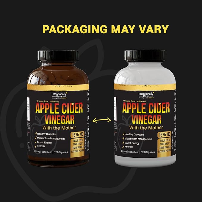 Intentionally Bare Apple Cider Vinegar with Mother Capsules - ACV Capsules with Ginger, Lemon, Cayenne and Inulin - Keto Friendly and Gluten Free for Energy, Immunity and Gut Health - 120 Capsules-FlexoryFit