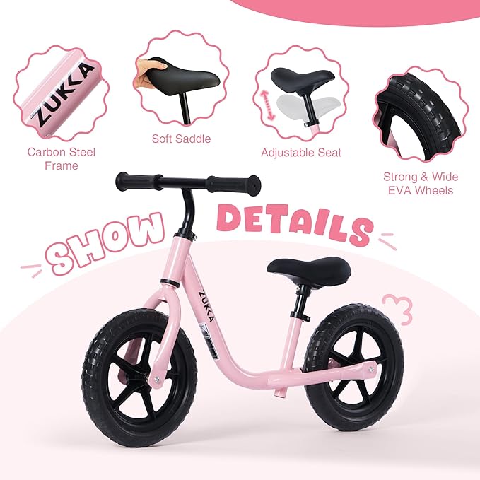 12 inch Toddler Balance Bike Adjustable Handlebar & Seat Anti-Slip Grip Suitable for 2-5 Years Old with Footrest Lightweight for Tolddlers Boys Girls Multiple Colors to Choose-FlexoryFit