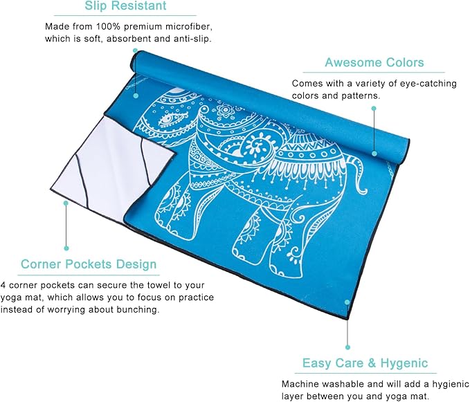 QiyI Yoga Mat Towel with Corner Pockets, Non Slip Sweat Absorbent Hot Yoga Towels, Soft Yoga Blankets with Travel Bag, Skidless Mat Cover for Workout, Gym, Fitness - 70"x26", Blue Mandala Elephant-FlexoryFit