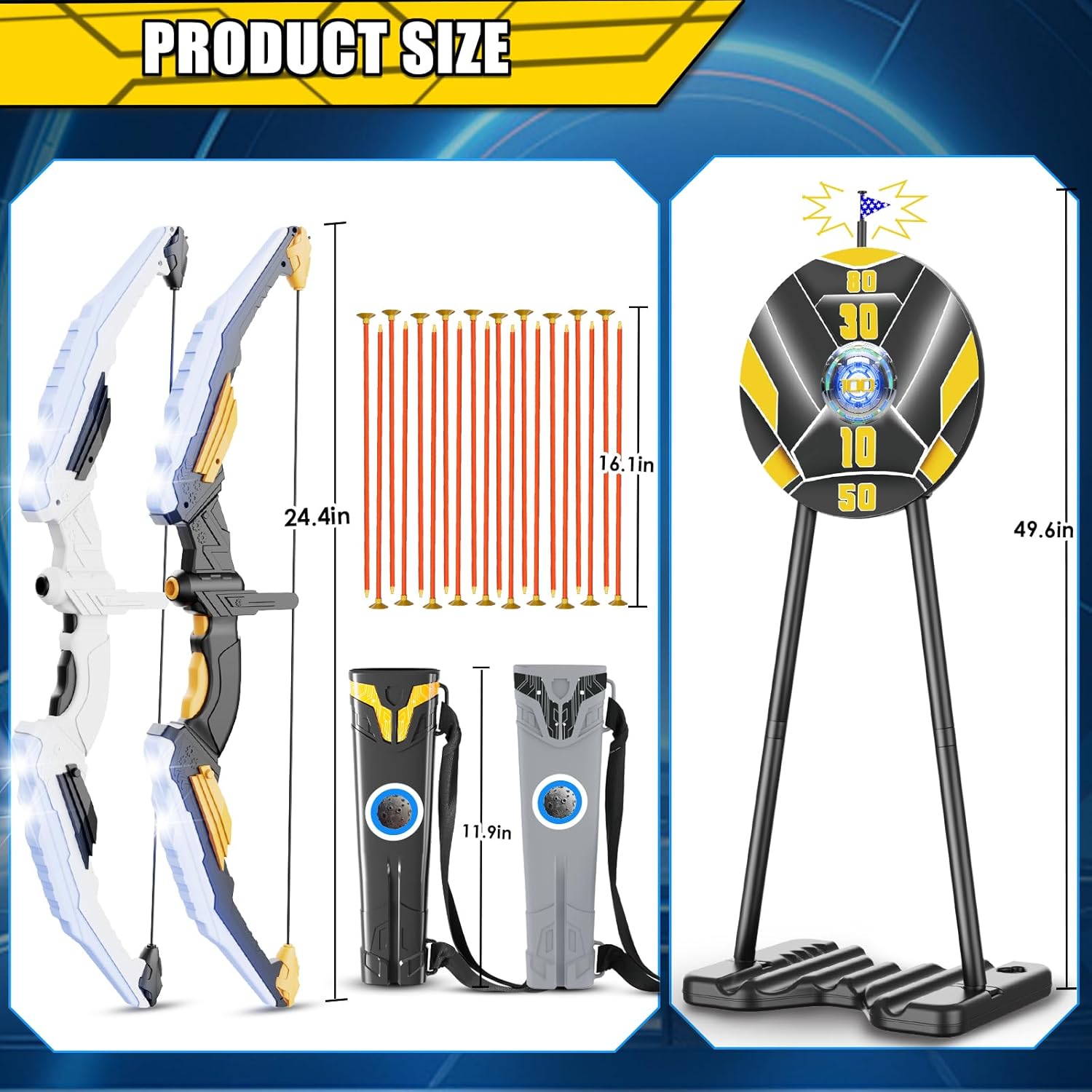 TIGTECGAME 2 Pack Bow and Arrow for Kids, LED Light Up Archery Set with 20 Suction Cup Arrows, 1 Standing Target with Flag Score, Indoor Outdoor Play Sport Toys Gifts for Kids, Boys & Girls Ages 3-12