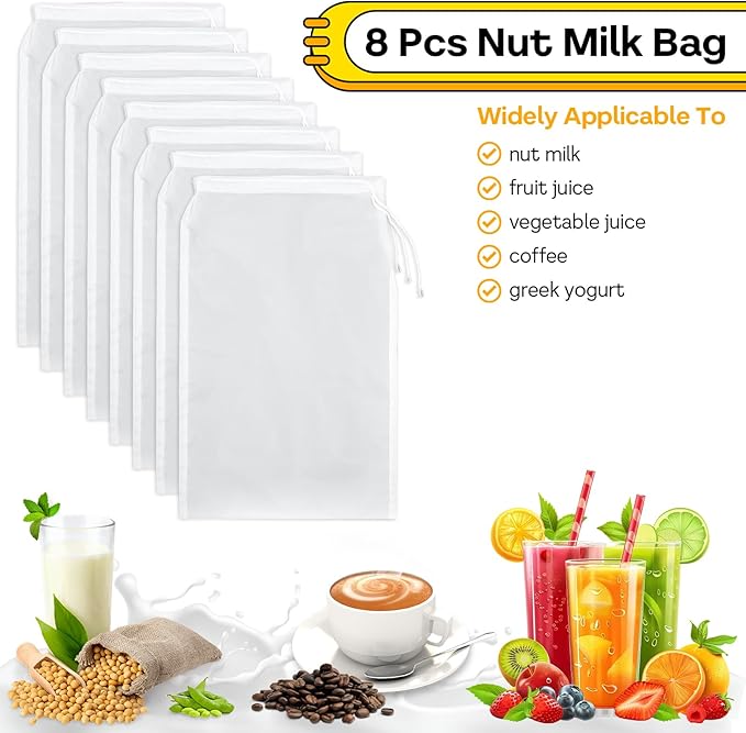 8 Pcs Cheese Cloth Bag for Straining, Nut Milk Bag Cheese Cloths Cloth Strainer for Juicing, Fine Mesh Strainer Reusable for Filtering Juice Coffee Yogurt Tea