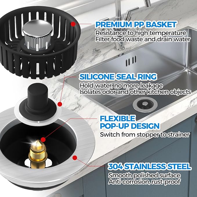 Upgraded 3in1 Kitchen Sink Drain Strainer and Sink Stopper, Stainless Steel Kitchen Drain Plug & Cover with Anti-Clogging Basket Strainer, Fit US Standard 3-1/2'' Sink Drain Hole, Brushed Black