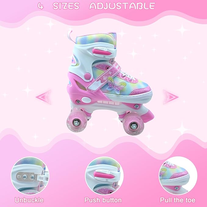 Kids Roller Skates for Girls-Outdoor 4 Size Adjustable Butterfly Quad Rollerskates for Indoor Ages 3-12 Years Beginners Children's Birthday Gift with Light Up Wheels patines para niñas Indoor-FlexoryFit