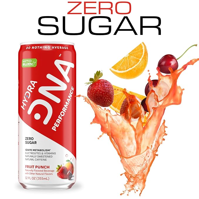 HYDRADNA- Clean Performance Drink, Zero Sugar | For Natural Fuel, Alertness, Boost, Stamina,120 mg Organic Caffeine, Natural Flavors, Zero Sucralose, Clean Ingredients (12 Pack) (12 Pack, Fruit Punch)-FlexoryFit
