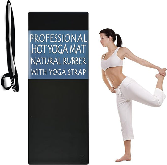 Tatago Hot Yoga Mat Non Slip-Professional Grade Natural Rubber Yoga Mat, Pliates Mat, Stretching Mat or exercise mats for home workout. Nonslip for Hot and Sweaty Classes. Includes Yoga Strap for Carrying and Stretching too.-FlexoryFit
