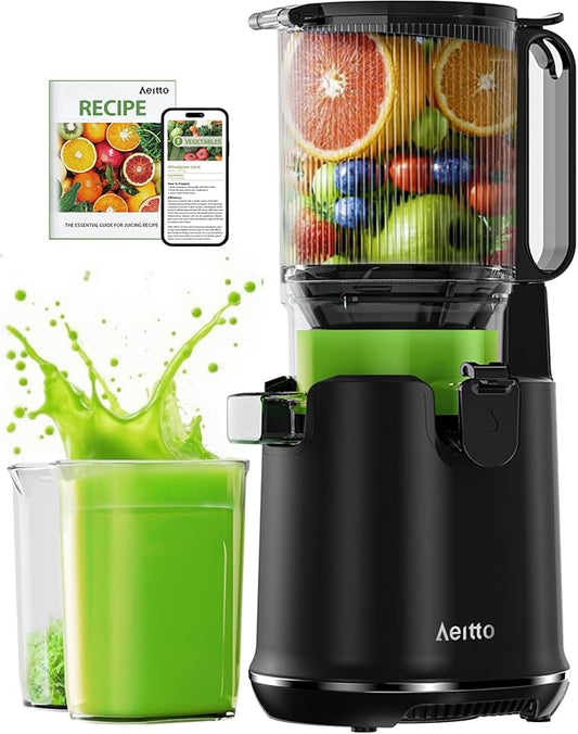 Juicer Machines,Aeitto Cold Press Juicer with 5.3“ Extra Large Feed Chute for Whole Fruits & Vegetables, Juice Extractor Machine, Self Feeding, Easy to Clean, High Juice Yield, Black-FlexoryFit