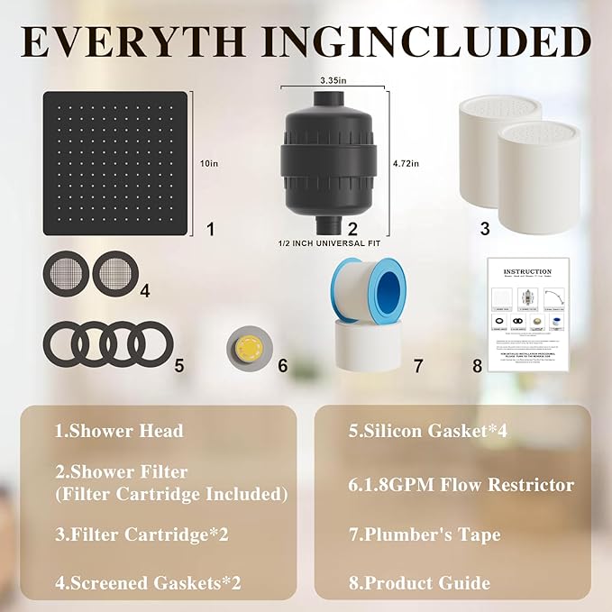 Filtered Shower Head with 20-Stage Shower Filter,Two Replacement Filter Cartridges,Rain Shower head High Pressure for Removing Chlorine and Harmful Substances(10 Inch, Matte Black)