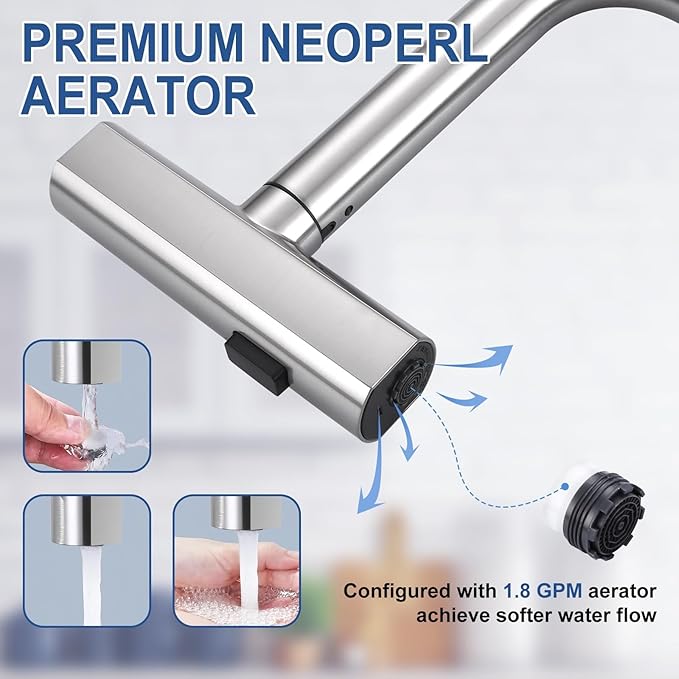 Kitchen Faucet with Pull Down Sprayer: ALEASHA Waterfall Kitchen Sink Faucet with 3 Function Pullout Sprayer, 360° Rotatable Single Hole Faucets for Modern RV/Bar, Single Handle, Brushed Nickel