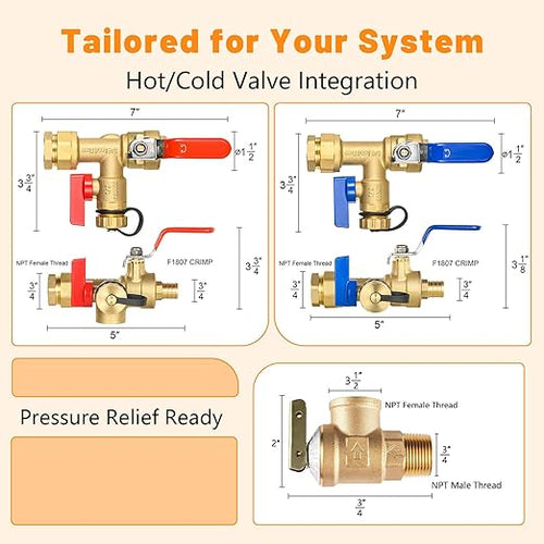 (Set of 1 Kit) HeSun 3/4" FIP X 3/4" PEX-B Crimp IPS Isolator Tankless Water Heater Service Valve Kit, with Pressure Relief Valve