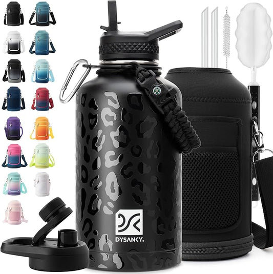 Insulated Water Bottle | Thickened Stainless Steel Vacuum Metal | Portable Sports Half Gallon Large Water Jug for Gym and Hiking with Straw, Carrier Bag, Handle Strap | BPA-Free 64 oz-FlexoryFit