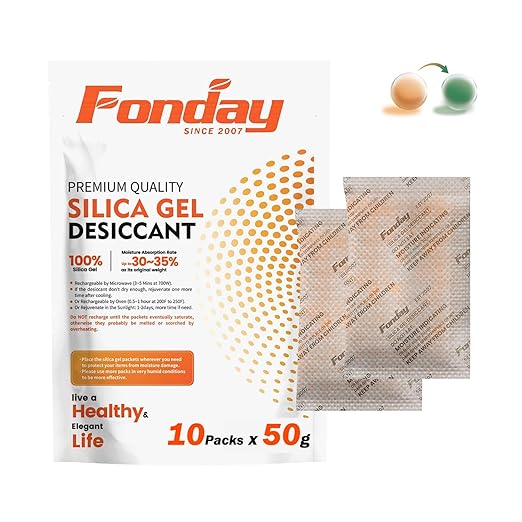 50Gram 10Packets Fonday Rechargeable Silica Gel Desiccant Packets Food Grade Fast Reactivate Desiccant Bags Moisture Indicating Orange to Green