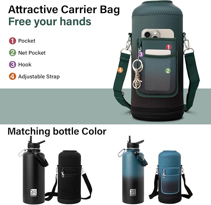 Insulated Water Bottle | Thickened Stainless Steel for Gym and Hiking with Straw, Carrier Bag, Handle Strap | BPA-Free 87 oz-FlexoryFit