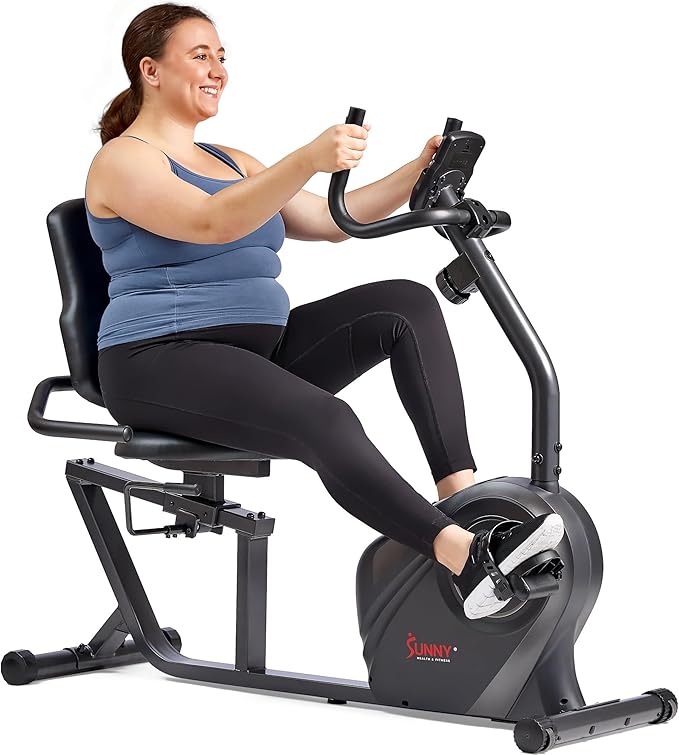 Sunny Health & Fitness Smart Heavy-Duty Recumbent Bike w/Wide Cushioned Seat & Back, Indoor Cycling Machine for Adult/Seniors Home Exercise, Free SunnyFit App Connect, Optional Workout Training Bands-FlexoryFit