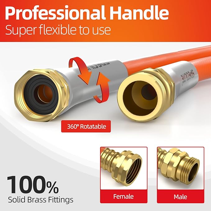 Garden Water Hose 75 ft x 5/8 in Heavy Duty, Flexible and Lightweight, Burst 600 psi, Kink-less Hybrid Rubber Pipe for Backyard, 3/4'' Brass Fittings, Orange