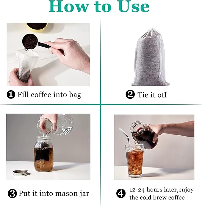 Yzurbu 50pcs 6''x8'' Cold Brew Coffee Filter Bags, No Mess Disposable Filter Bag with Drawstring for Coffee Grounds & Ice Tea