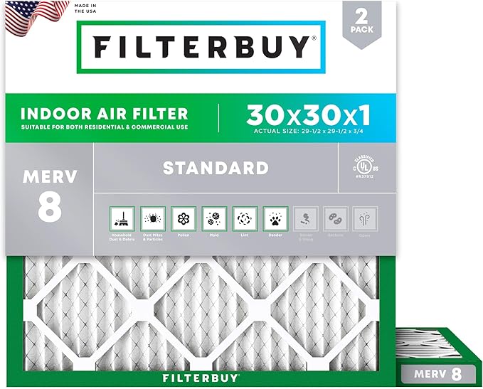 Filterbuy 30x30x1 Air Filter MERV 8 (MPR 700) Dust Defense Replacement (2-Pack), Electrostatic Pleated HVAC AC Furnace Filters, Made in USA (Actual Size: 29.50 x 29.50 x 0.75)