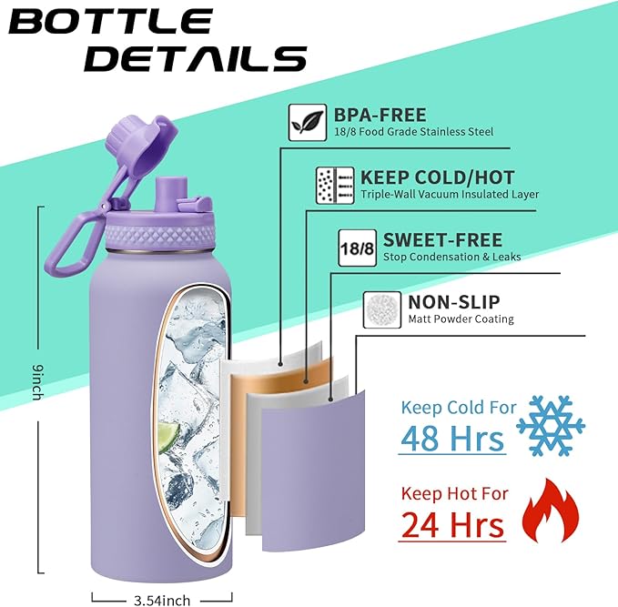 Insulated Water Bottle 32 oz - with Straw & Pop-up Spout Lid, Paracord Handle, Carrier Shoulder Strap, Protective Boot, Wide Mouth Double Walled Vacuum Insulated Gym Water Bottle for Women-FlexoryFit