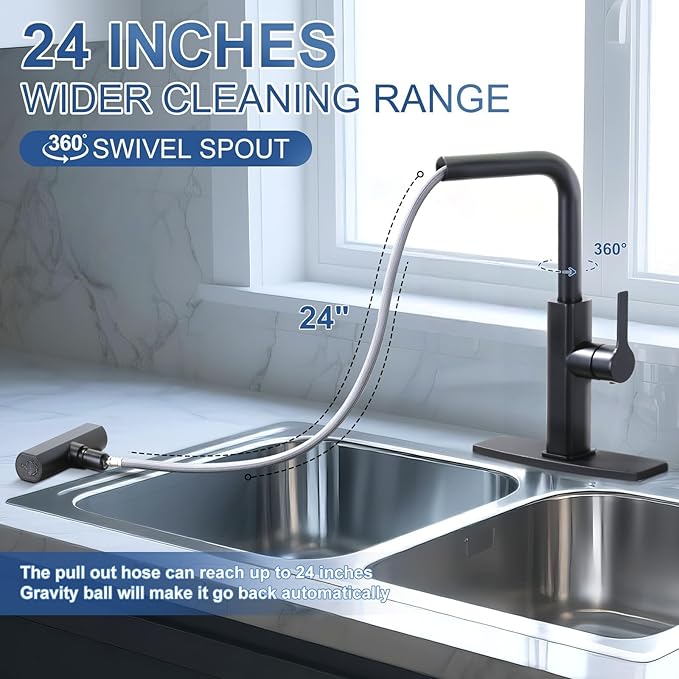 Kitchen Faucet with Pull Down Sprayer: ALEASHA Waterfall Kitchen Sink Faucet with Soap Dispenser, 3 Modes 360° Swivel Single Handle Tap for RV/Bar, Matte Black Single Hole Brass Pull Out Modern Tap