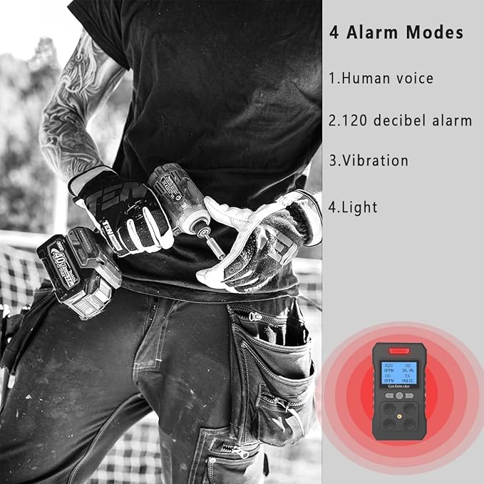 4 Gas Monitor Rechargeable Portable Gas Detector H2S O2 CO and LEL Multi Gas Monitor Professional Gas Sniffer with LCD Display Sound Light Vibration Alarm Mode.