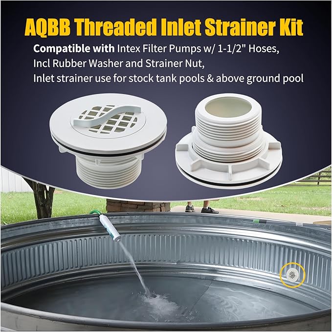 Threaded Inlet Strainer Kit Compatible with Intex Filter Pumps w/ 1-1/2" Hoses,Incl Rubber Washer and Strainer Nut,Inlet Strainer use for Stock Tank Pools & Above Ground Pool