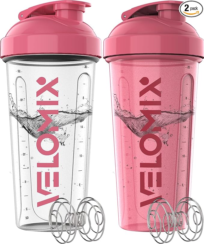 '-2 Pack- 28 oz Protein Shaker Bottles for Protein Mixes - 2x Wire Whisk | Leak Proof Shaker Cups for Protein Shakes | Protein Shaker Bottle Pack (Pink/Transparent)-FlexoryFit