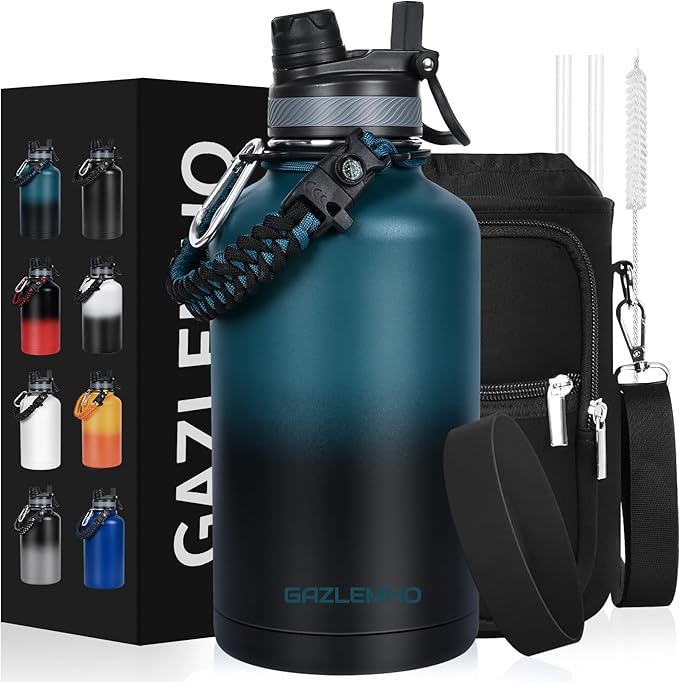 Insulated Water Bottle 64 oz, Half Gallon Water Jug Cold 48H, BPA Free Stainless Steel Bottles with Straw/Chug 2-in-1 Lid, Bag, Paracord Handle, Silicone Boot, Sports Gym School Metal Flask-FlexoryFit