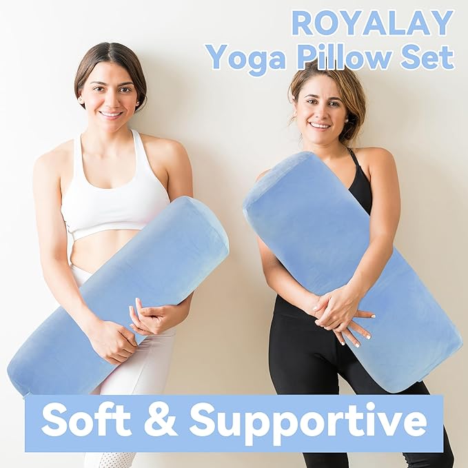 ROYALAY 2 Pcs Yoga Bolster Pillow for Restorative Yoga, Rectangular and Cylinder Meditation Pillow Set with Carrying Handles, Supportive Cushion for Exercise Workout Stretching Meditation,Sky Blue-FlexoryFit