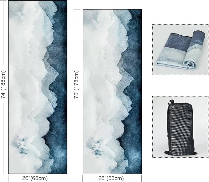 QiyI Yoga Mat Towel with Corner Pockets, Non Slip Sweat Absorbent Hot Yoga Towels, Soft Yoga Blankets with Travel Bag, Skidless Mat Cover for Workout, Gym, Fitness - 70"x26", Watercolor Mountain-FlexoryFit
